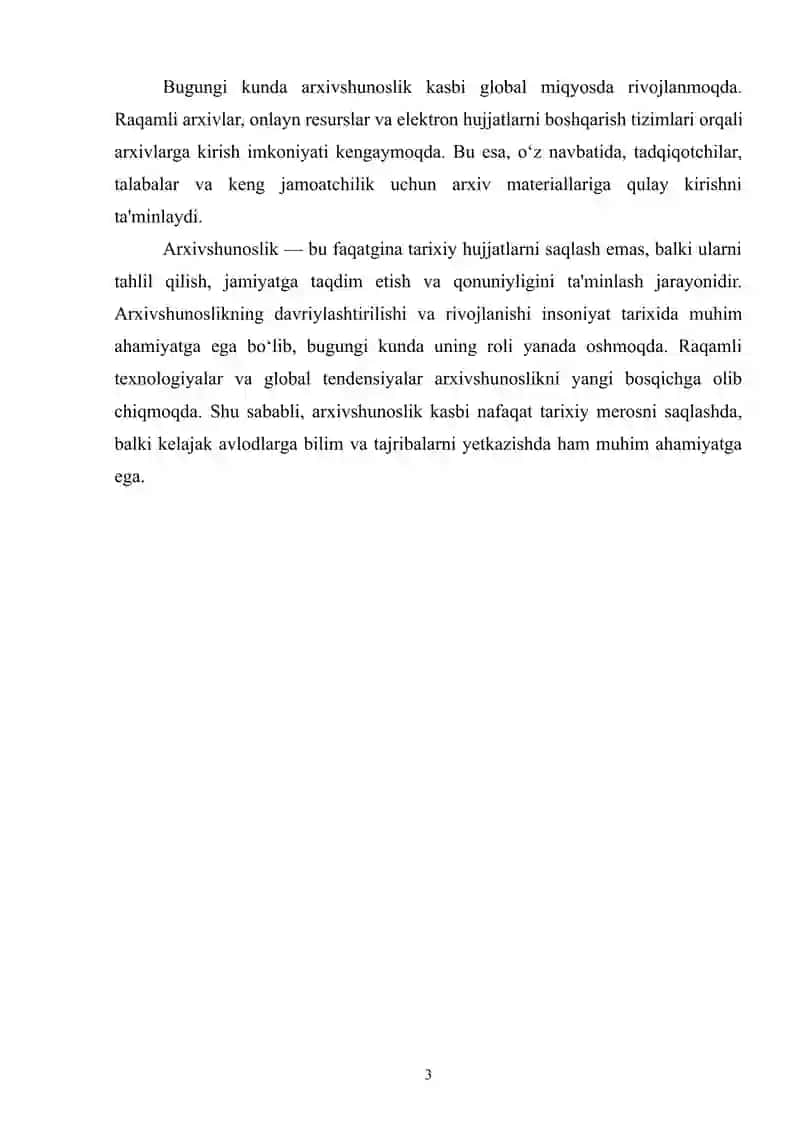 ARXIVSHUNOSLIKNING DAVRIYLASHTIRILISHI VA RIVOJLANISHI. BUGUNGI KUNDA ARXIVSHUNOSLIK KASBINING ROLI VA AHAMIYATI 3
