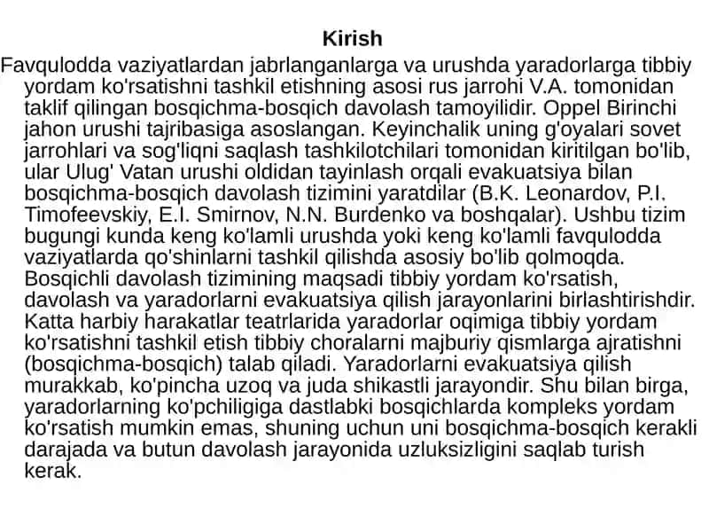 Tibbiy va evakuatsiya yordamini tashkil etish yaradorlar, kasallar, jangovar zonada va favqulodda vaziyatlarda zarar ko'rganlar 3