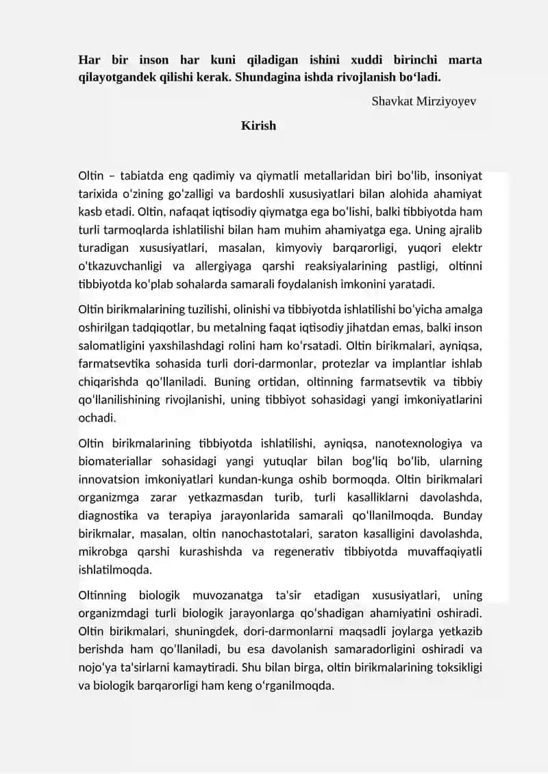 Kurs ishi: Oltin birikmalarining tuzilishi, olinishi va tibbiyotda ishlatilishi 3
