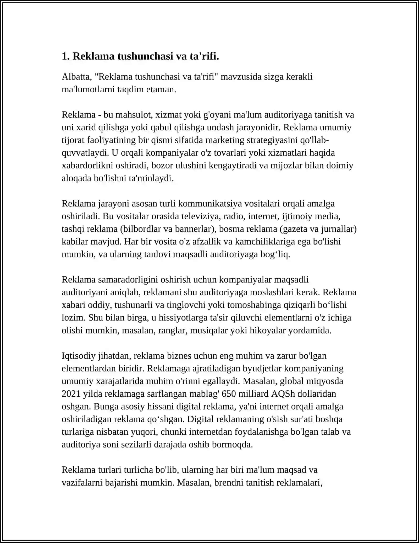 REKLAMA TUSHUNCHASI, MOHIYATI VA VAZIFALARI 3