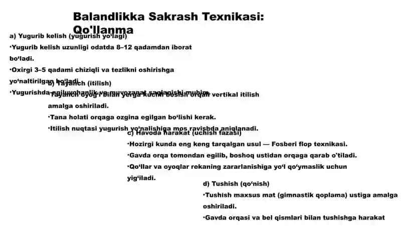 Yugurib kelib balandlikka sakrash texnikasini o'rgatish 3