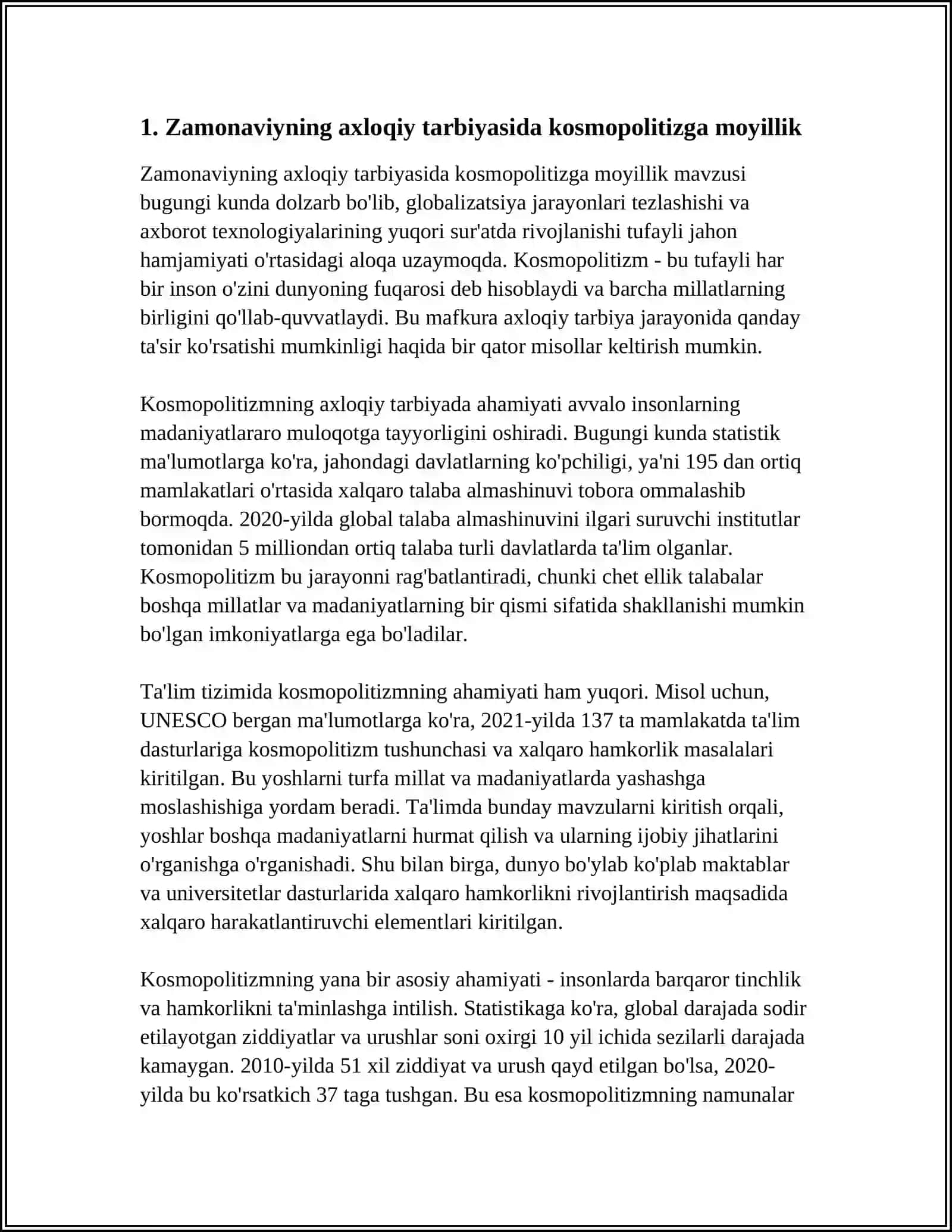 ZAMONAVIY AXLOQIY TARBIYADA AXLOQIY TARBIYADA KOSMOPOLITZGA MOYILLIK MAVZUSIDA ESSE TAYYORLANG 3