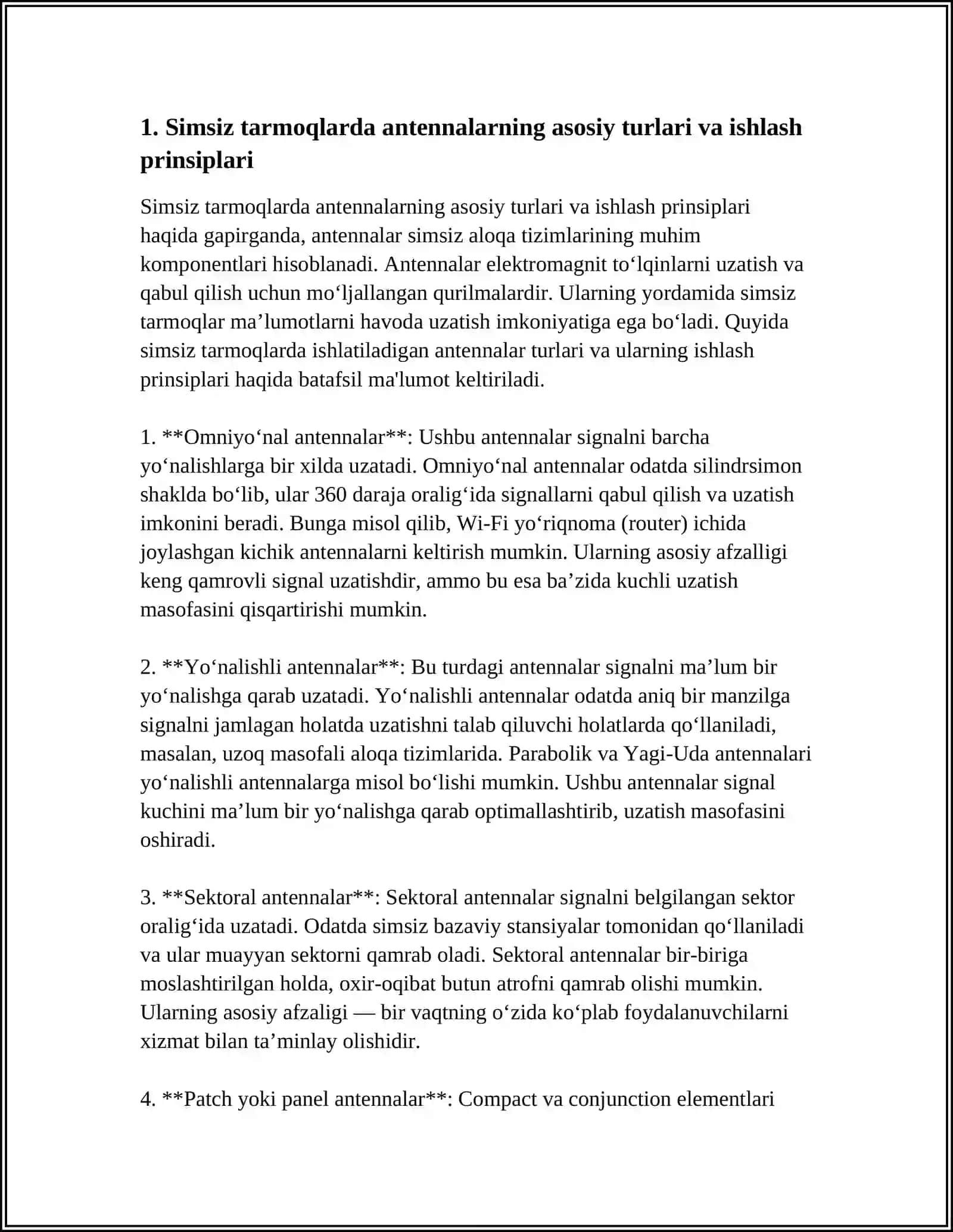 SIMSIZ TARMOQLARDA ANTENNALAR VA ULARNING O'ZIGA XOS XUSUSIYATLARI 3