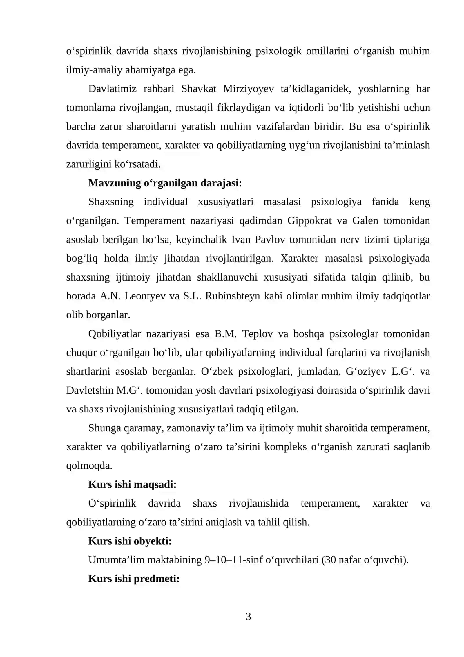 Yosh davrlarida shaxs rivojlanishida temperament,xarakter, va qobiliyatlarning oʻzaro taʼsiri. Oʻspirinlik davri misolida 3
