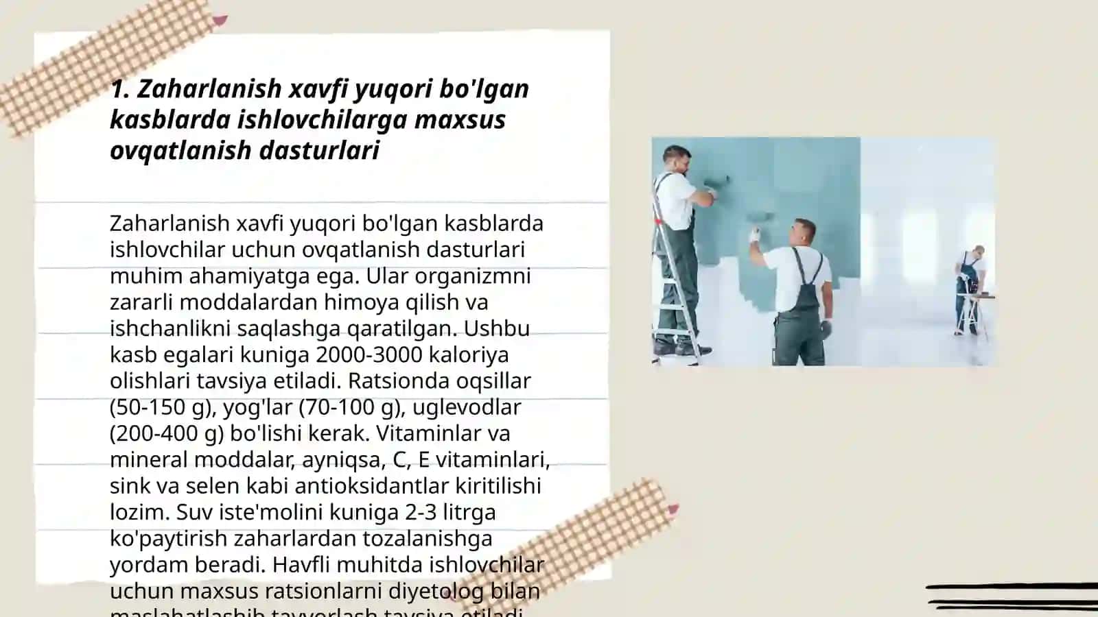 Zaharlanish xavfi yuqori bo'lgan kasblarda ishlovchilarga maxsus ovqatlanish dasturlari 3