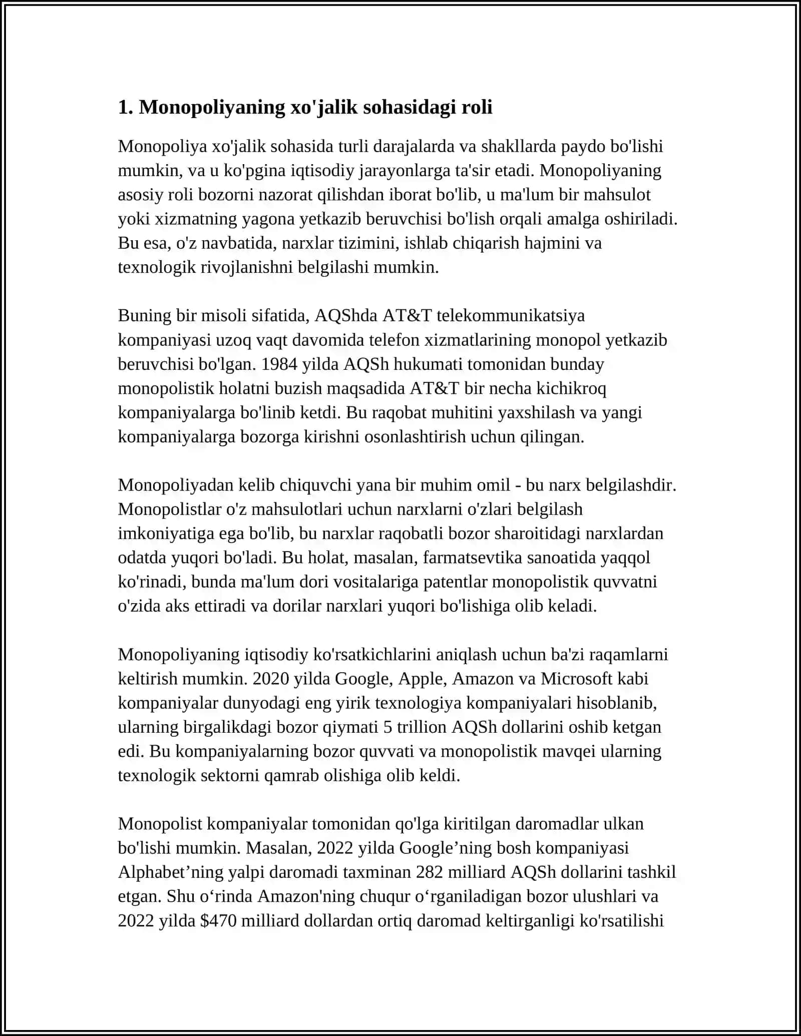 Monopoliya taribgarda solis va adolatli raqobatni ta`minlash strategiyalari 3