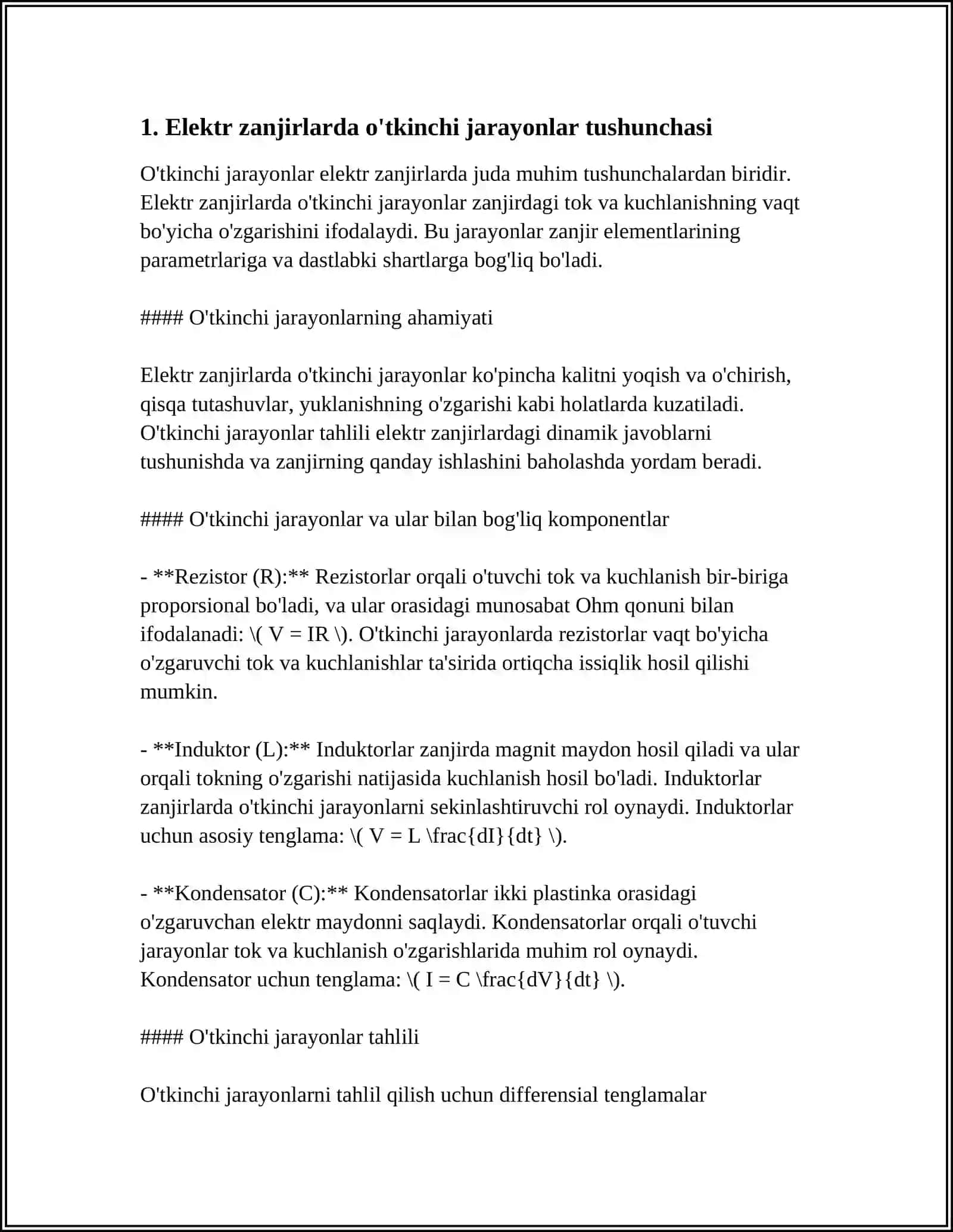 ELEKTR ZANJIRLARIDA O'TKINCHI JARAYONLAR. ELEKTR ZANJIRLARIDA O'TKINCHI JARAYON SODIR BO'LISHINING ASOSIY SABABLARI. KOMMUTATSIYA QONUNLARI 3