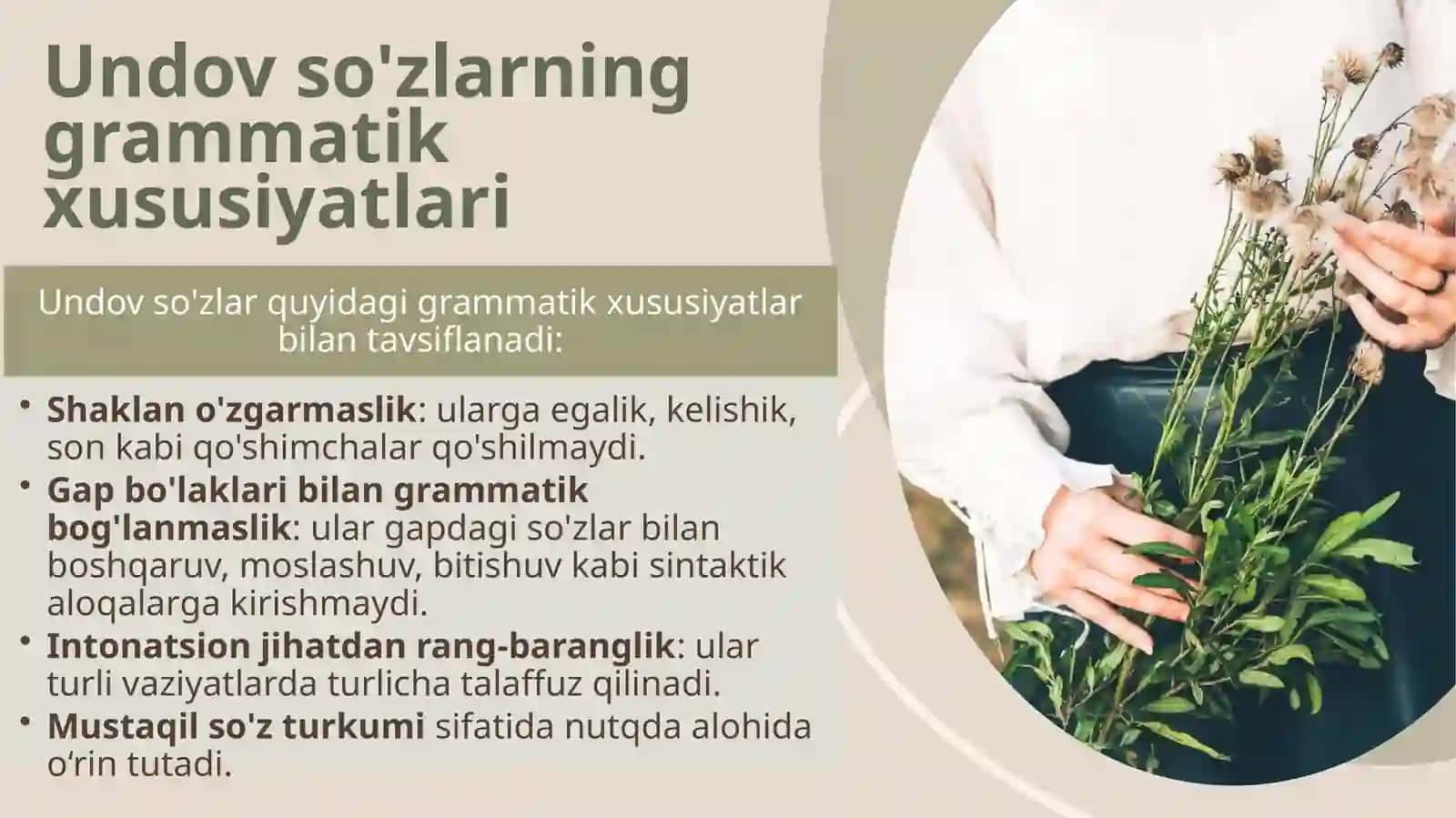 Undov so'zlar. Ularning grammatik xususiyatlari. Undovlarning otlashishi, sintaktik vazifasi. Undovlarning turlari 3