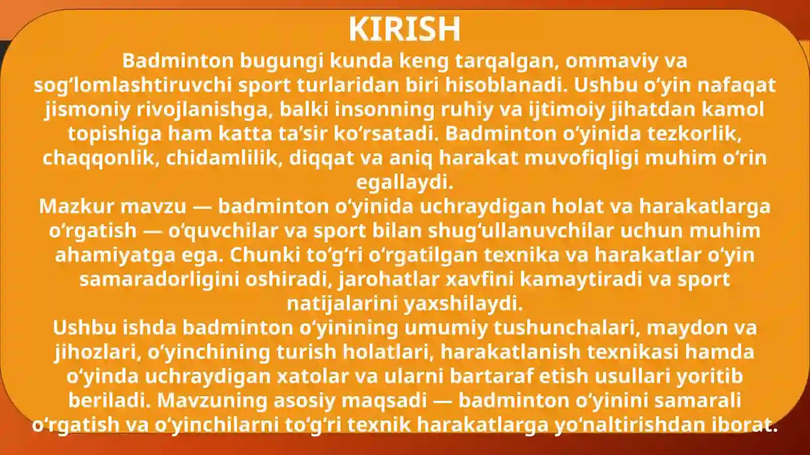 Badminton oʻyinida uchraydigan holat va harakatlarga oʻrgatish 3