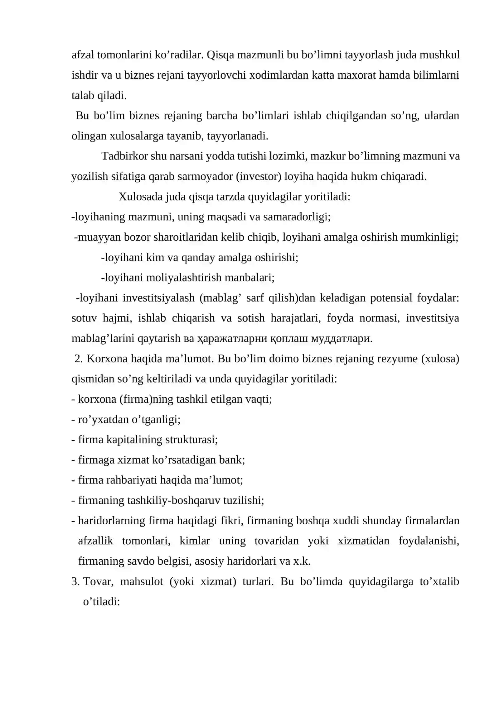 Biznes reja bo’limlarining tavsifi 3