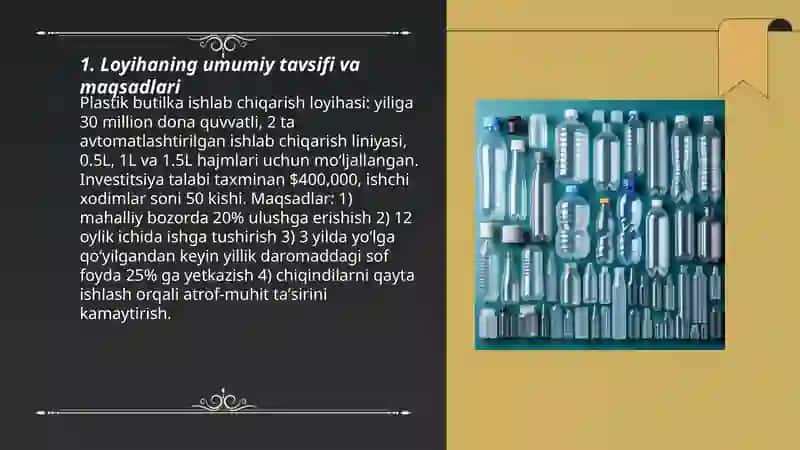 Plastik butilka ishlab chiqarish boʻyicha biznes reja 3