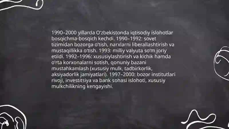 Iqtisodiy islohotlar, xususiy mulkchilikning shakllanishi, oʻzbekistonda bozor munosabatlarining rivojlanishi 3