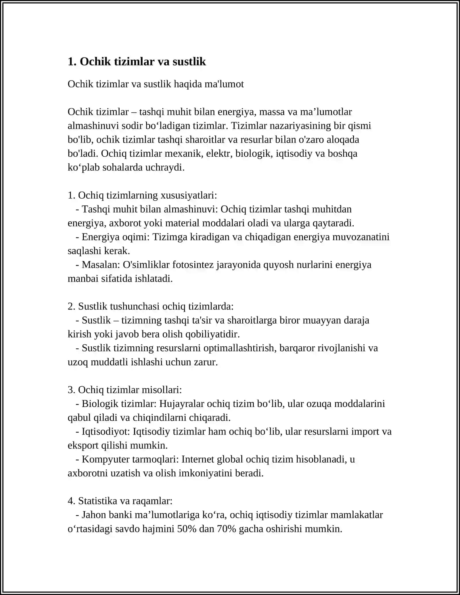 OCHIQ TIZIMLARDA ANTROPIYANING LOKAL KAMAYISHI. DISSIPATIV STRUKTURALAR 3