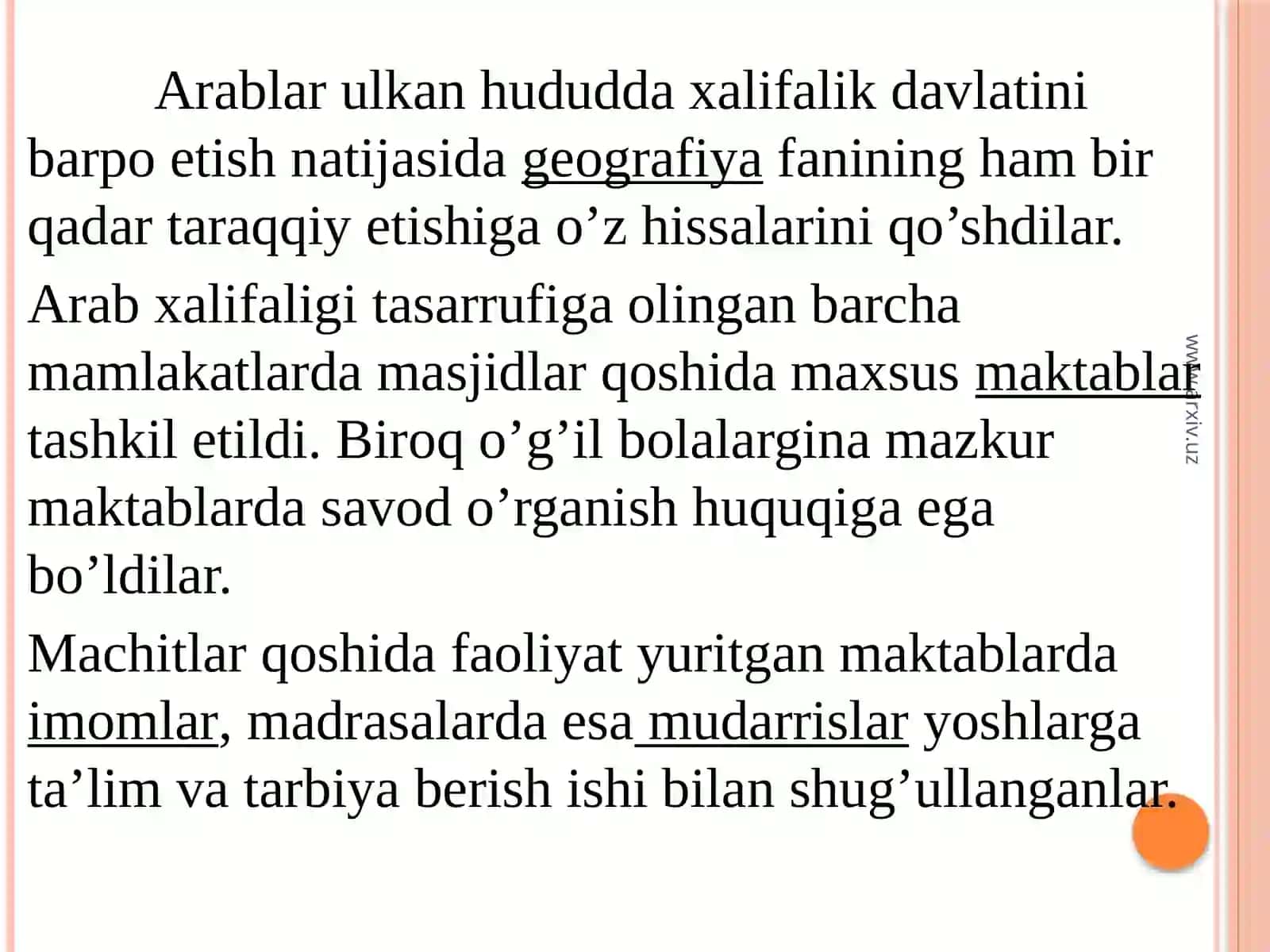 VII-asrdan IX-asrning birinchi yarmigacha O‘rta Osiyoda tarbiya, maktab va pedagogik fikrlar 3