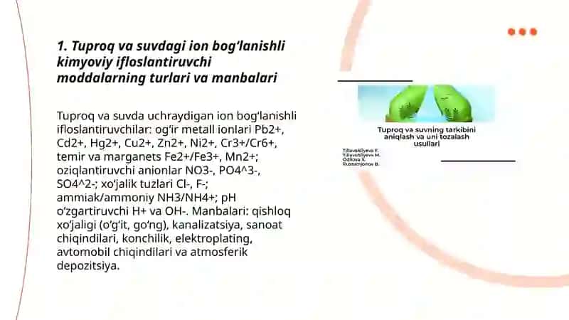 Tuproq va suvdagi ion bog‘lanishli ifloslantiruvchi moddalarni aniqlash va ekologik xavfsiz tozalash usullari 3