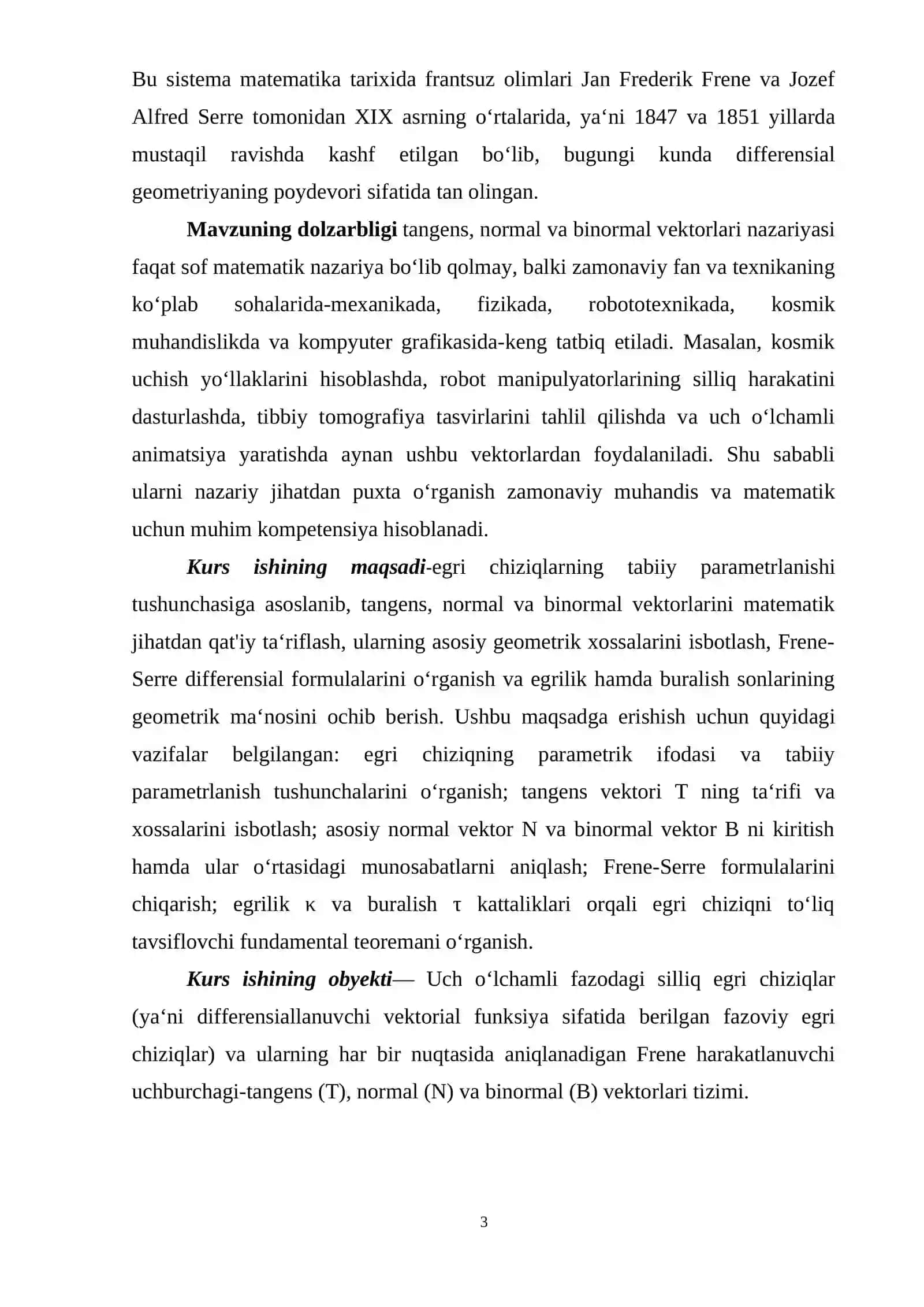 Tangens, normal va binormal vektorlari nazariyasi 3