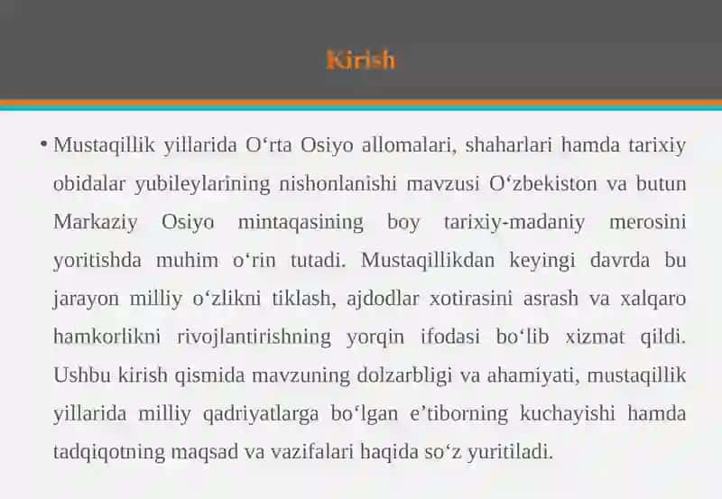 O‘rta Osiyo allomalari, shaharlari va tarixiy obidalari yubileyi, Kirish 3