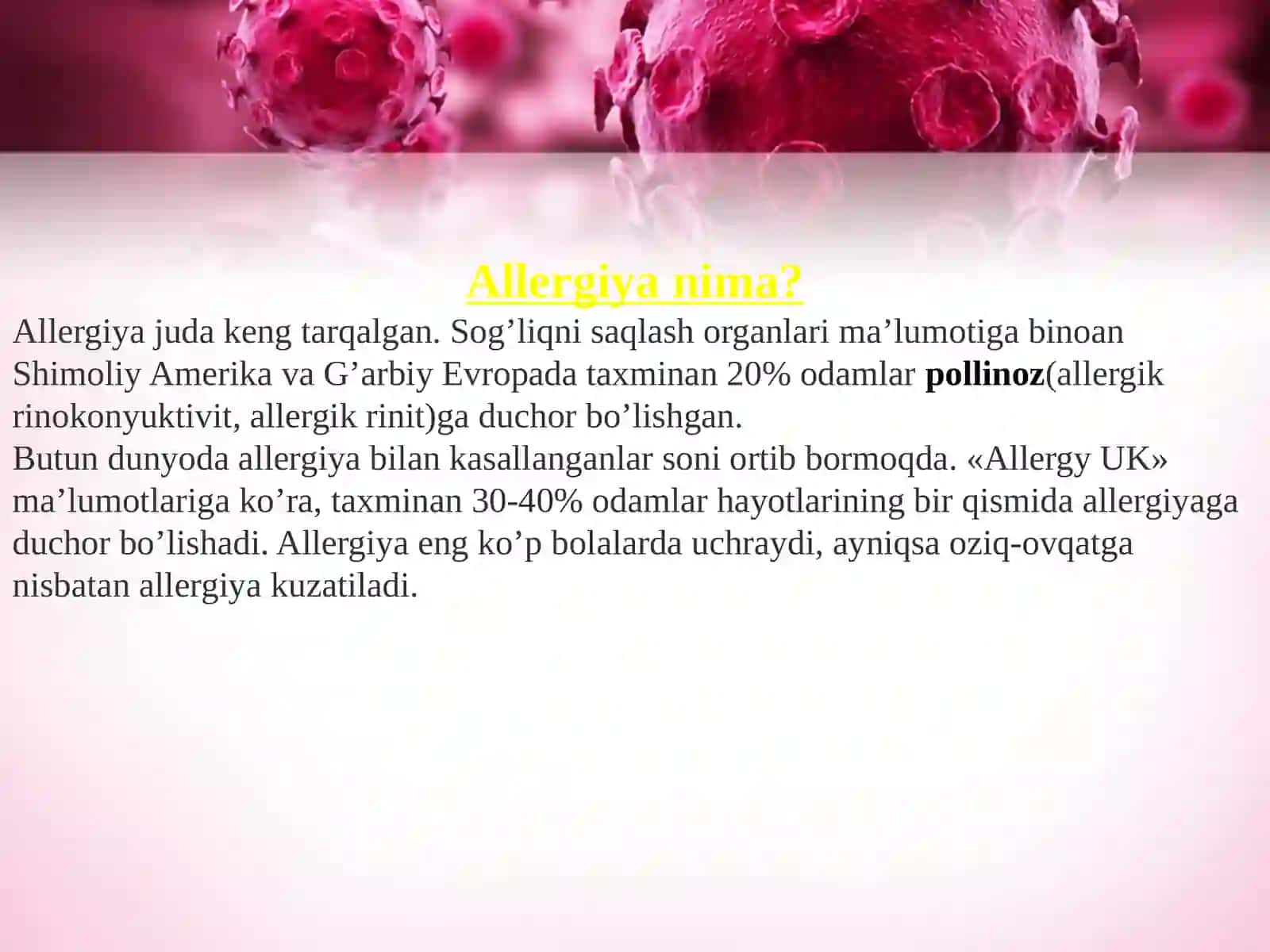 Allergiya sabablari, alomatlari tashxisi, davolash va uni qanday qilib oldini olish mumkin 3