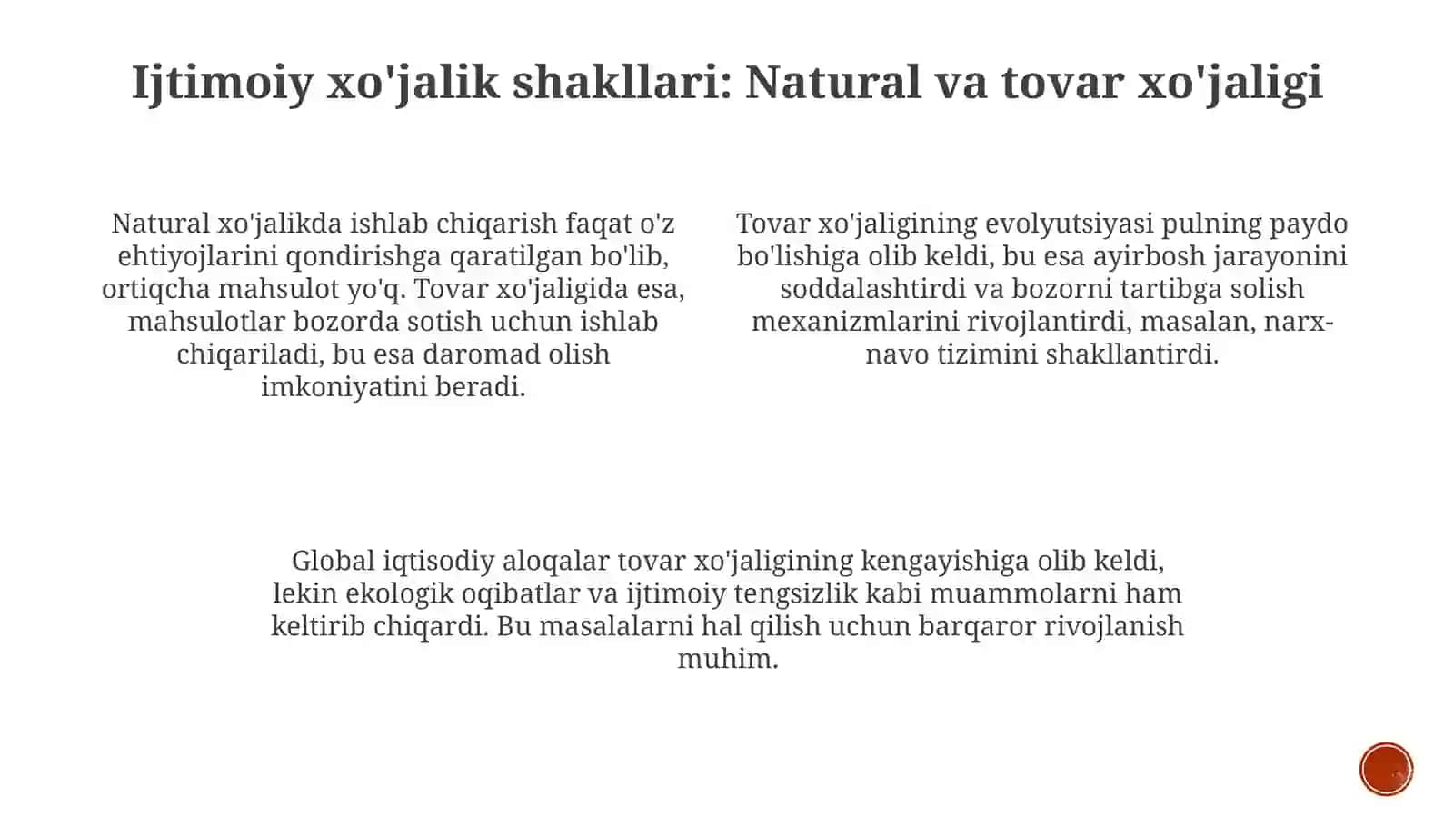Ijtimoiy xo'jalik yuritish shakillari: natural va tovar xo'jaligi 3