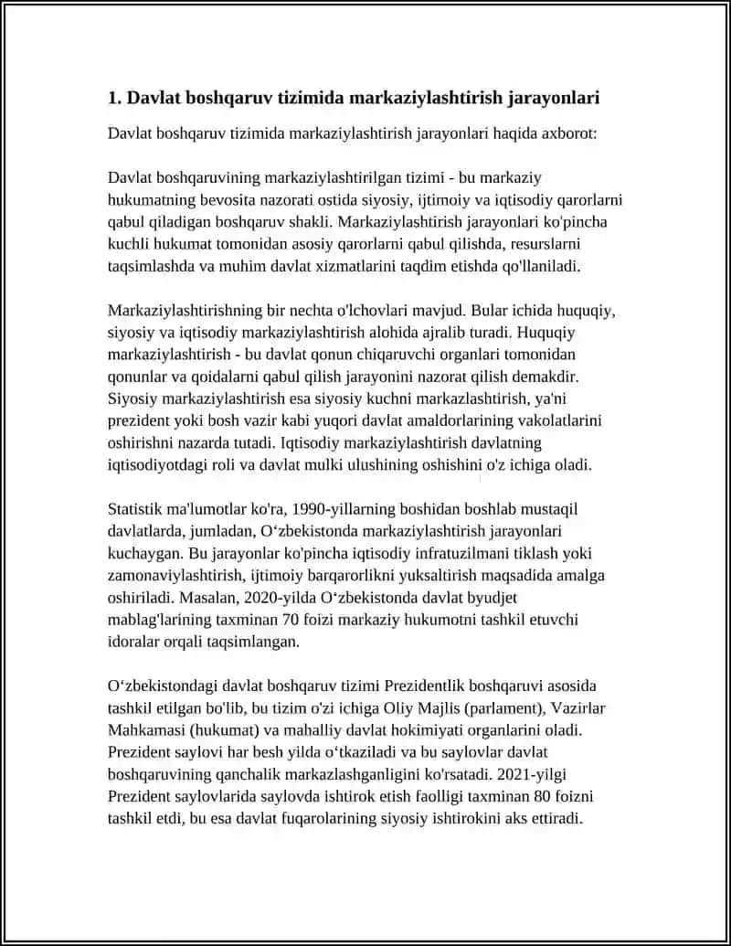 REFERAT Mavzu: MUSTAQILLIK YILLARIDA DAVLAT BOSHQARUV TIZIMIDA AMALGA OSHIRILGAN ISLOHOTLAR 3