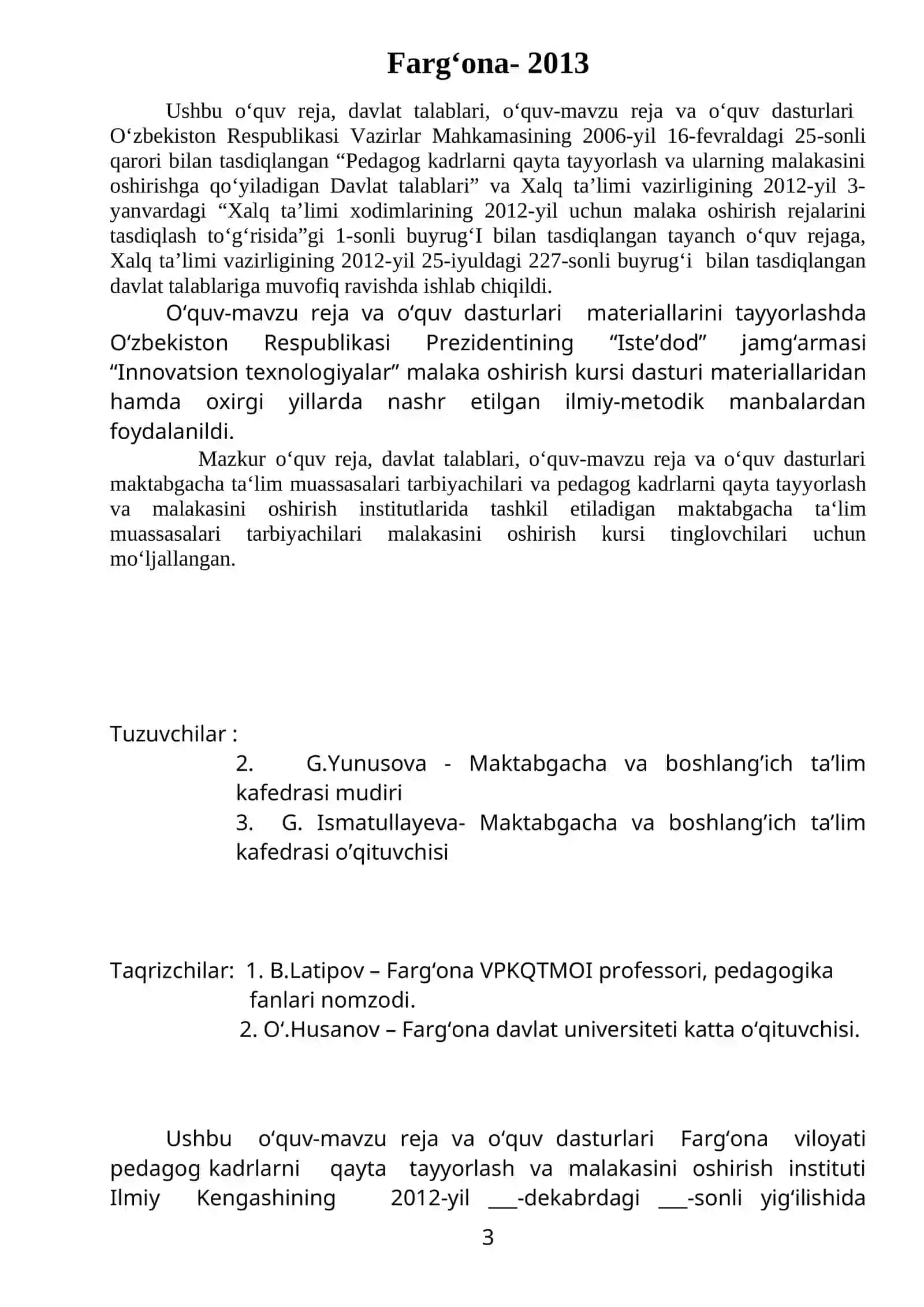 Maktabgacha ta‘lim muassasaning tarbiyachilari malakasini oshirish kursi uchun ishchi o‘quv-mavzu reja va o‘quv dasturlari 3