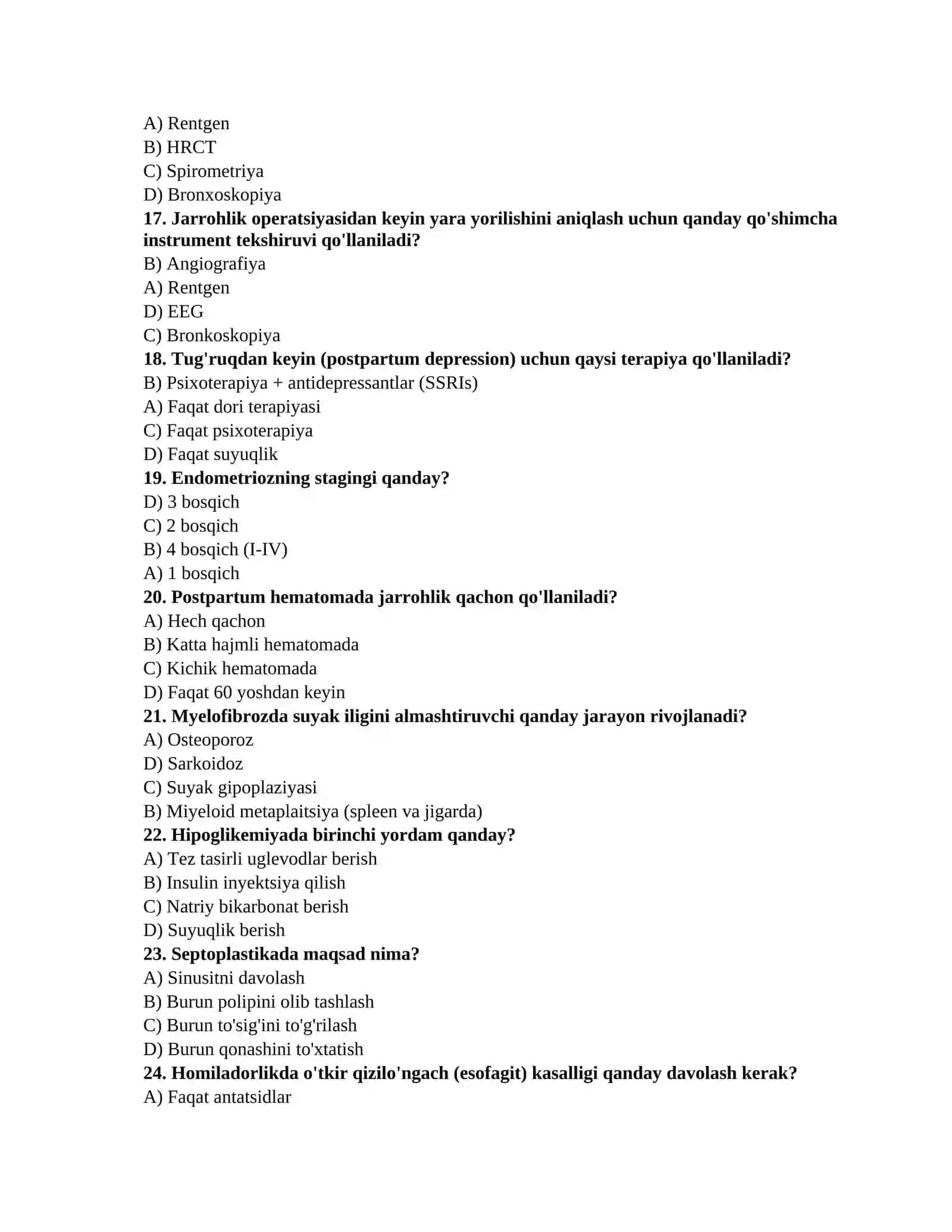 Tibbiyotga oid savollar TAYYORGARLIK TEST TO'PLAMI (Terapiya, Jarrohlik, Akusherlik-ginekologiya) 3