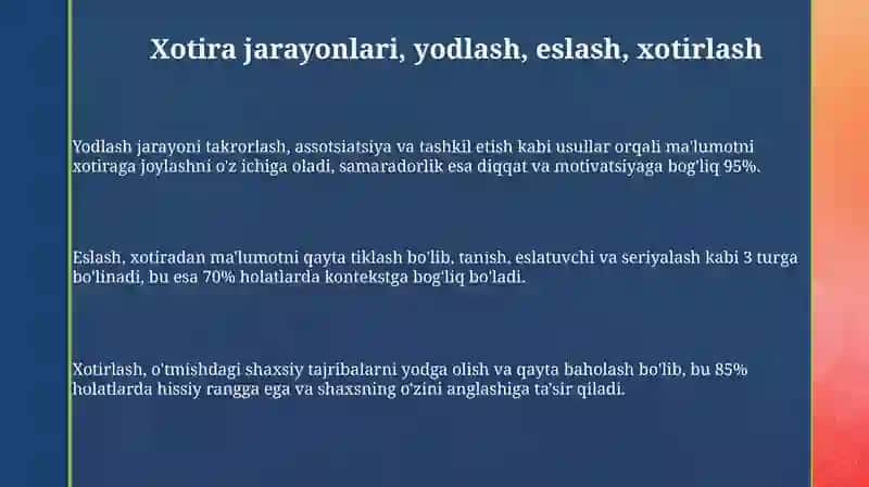 Xotira jarayonlari, yodlash, esga tushirish, xotirlash 3