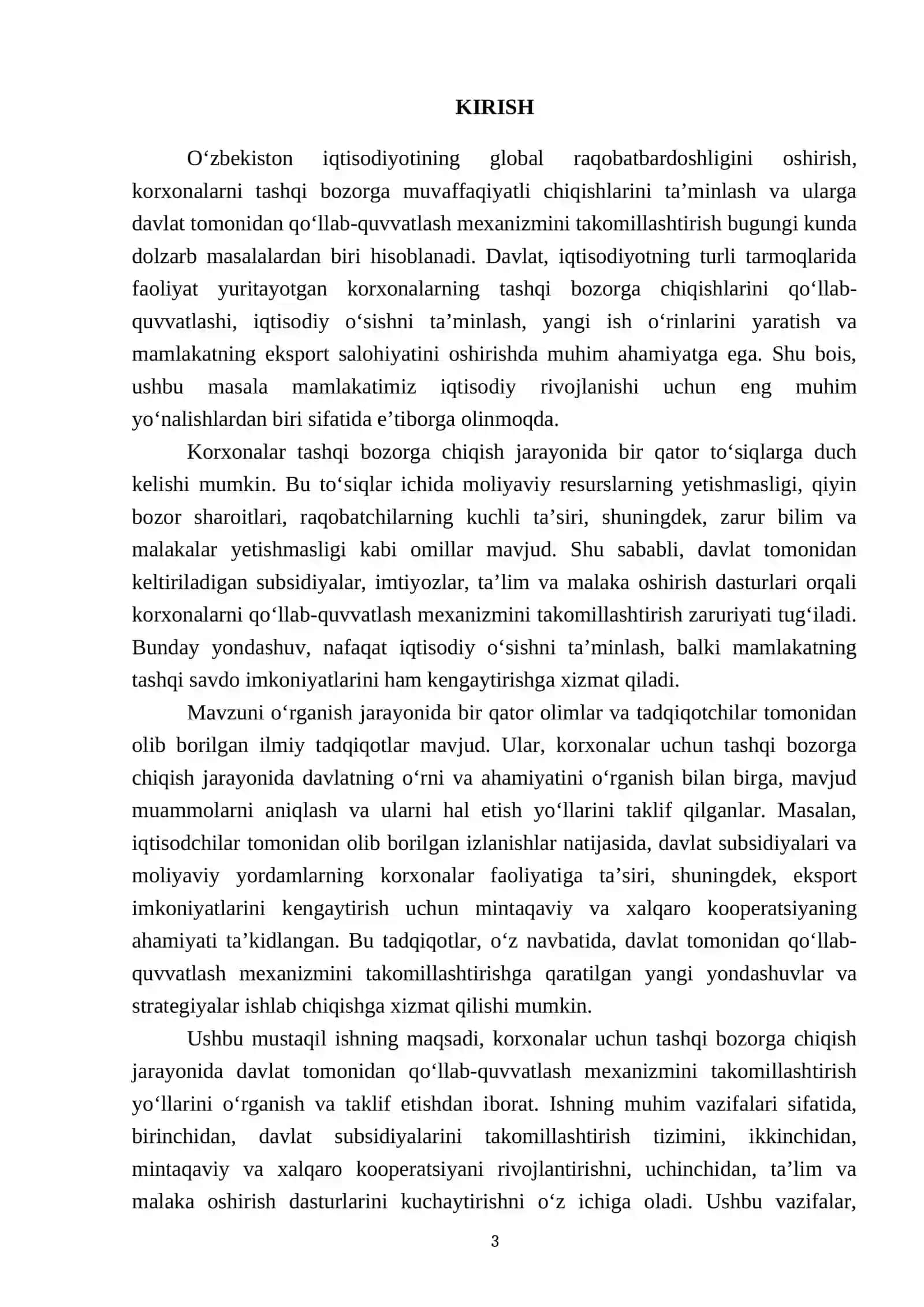 Korxonalarning tashqi bozorga chiqishlarini davlat tomonidan qoʻllab-quvvatlash mexanizmini takomillashtirish yoʻllari 3