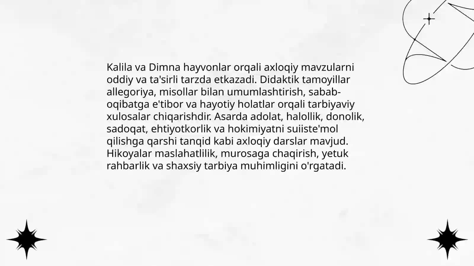 Didaktik asarlar tahlili. ("Kalila va Dimna", "Chor Darvesh", "Guliston" (Sa'diy), "To'tinoma") 3