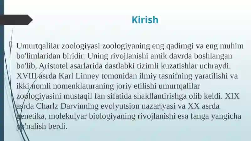 Umurtqalilar zoologiyasi fanining rivojlanish tarixi va uslublari sinfi. 3
