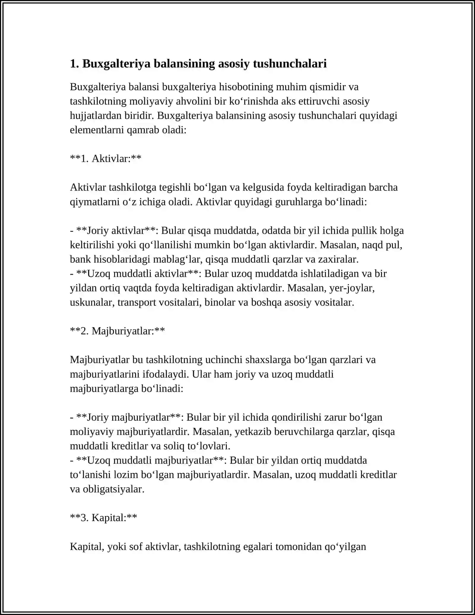 MUSTAQIL ISH Mavzu: BUXGALTERIYA BALANSI. “BALANS” TUSHUNCHASI VA UNINGIQTISODIY AHAMIYATI. BUXGALTERIYA BALANSININGMAZMUN-MOHIYATI VA TARKIBIY TUZILIS 3