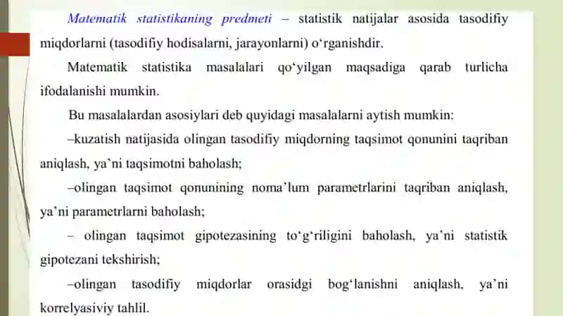 MATEMATIKASTATISTIKA ELEMENTLARI:BOSH VA TANLANMA TO’PLAM.GISTOGRAMMA VA POLIGON.EMPRIK TAQSIMOT FUNKSIYA VA TANLANMA MOMENTLAR 3