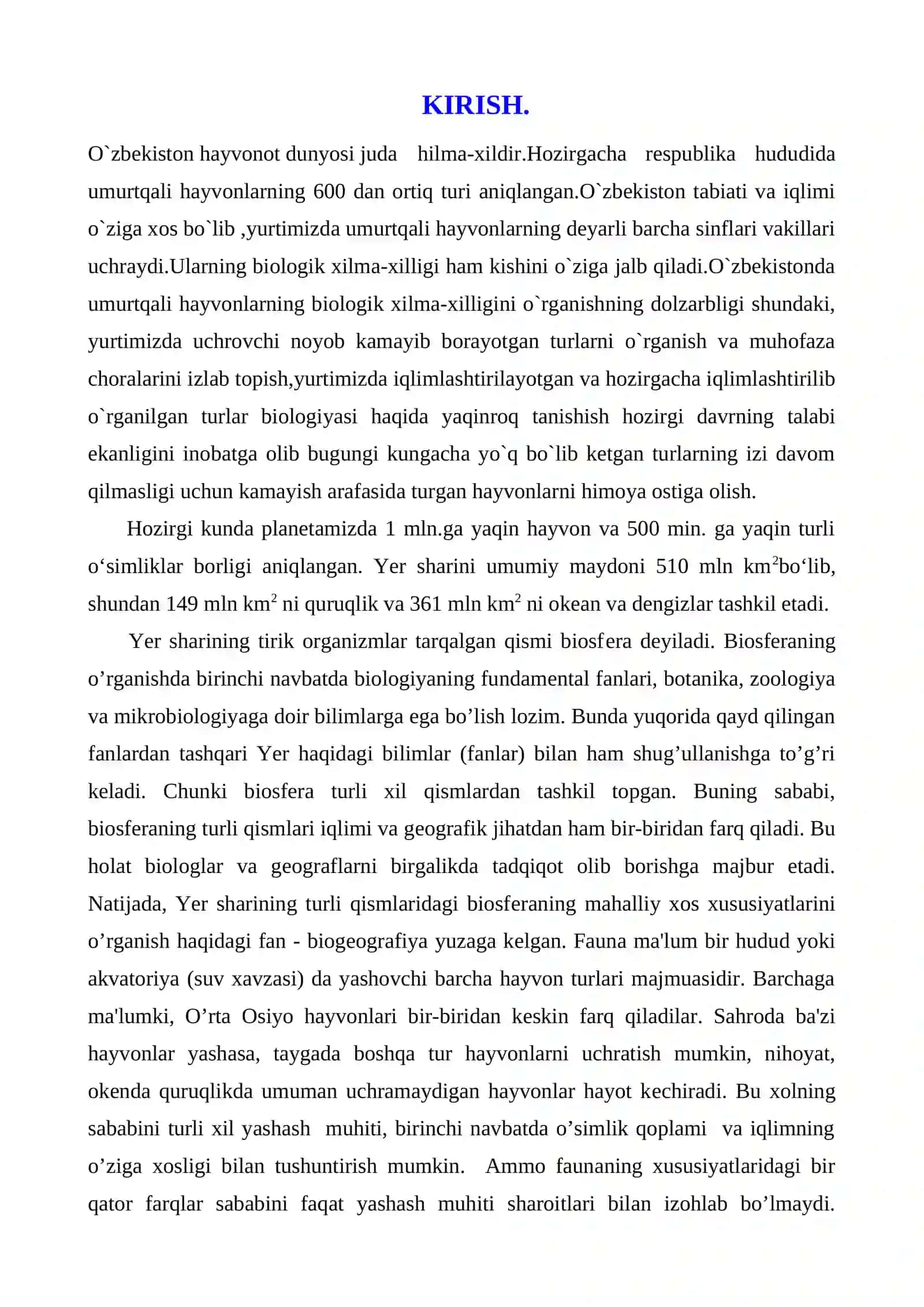 O’RTA OSIYO UMURTQALI HAYVONLARI FAUNASINING BIOLOGIK XILMA-XILLIGI VA ZOOGEOGRAFIYASINING O`ZIGA XOSLIGI 3