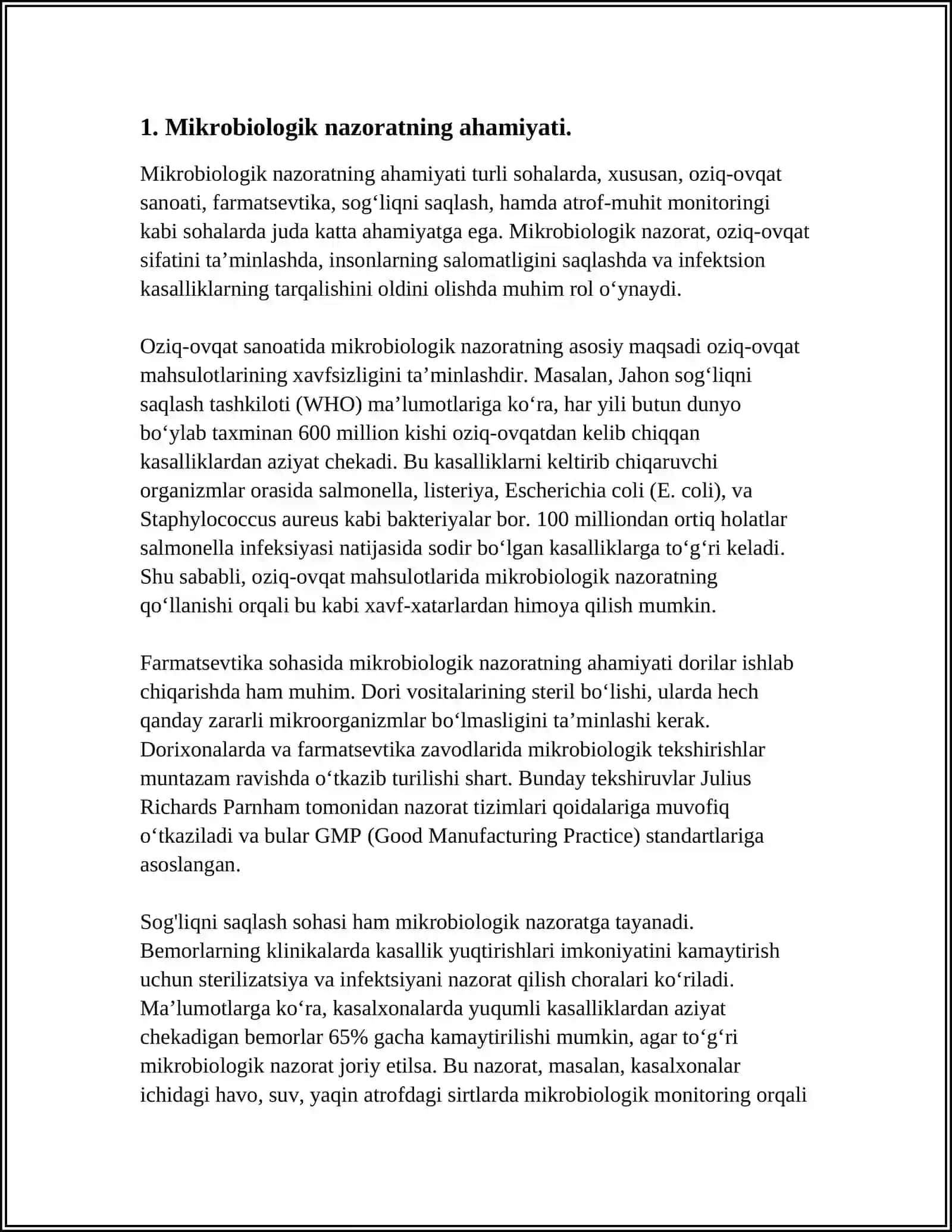 MUSTAQIL ISH Mavzu: YOGURT VA QATIQ MAHSULOTLARIDA MIKROBIOLOGIK KO'RSATKICHLARNI NAZORAT QILISH 3