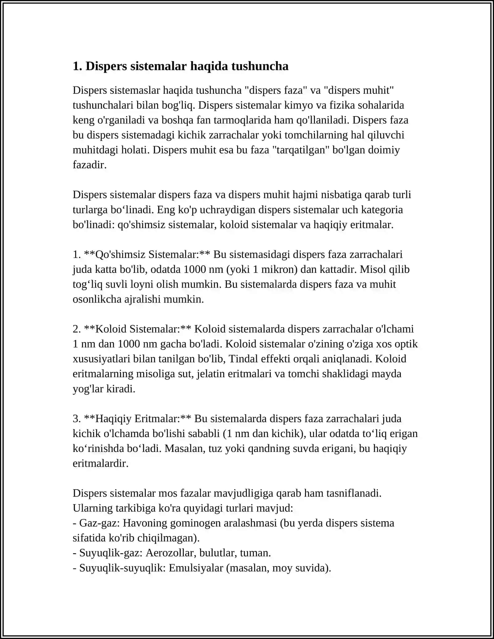MUSTAQIL ISH Mavzu: DISPERS SISTEMALAR. KOLLOID SISTEMALARNING KLASSIFIKATSIYASI, TUZILISHI, OLINISHI VA TOZALASH USULLARI. KOLLOID SISTEMALARNING MOLEKULYAR-KINETIK VA SPETSIIFIK XOSSALARI. KOLLOID SISTEMALARNING TURGUNLIGI. DAGAL-DISPERS SISTEMALAR 3