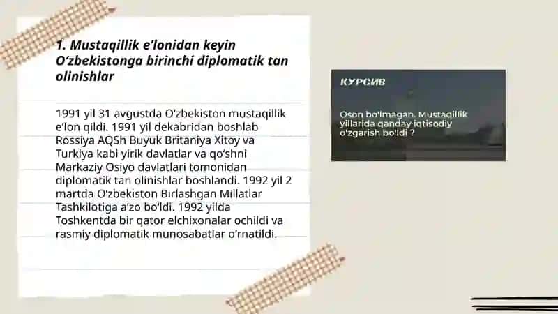 Oʻzbekistonda jahon hamjamiyat uzbekiston mustaqillikka erishishning dastlabki yillari 3