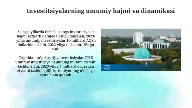 O'zbekistonga kiritilayotgan investitsiyalar va ularning hududiy tarkibi 3
