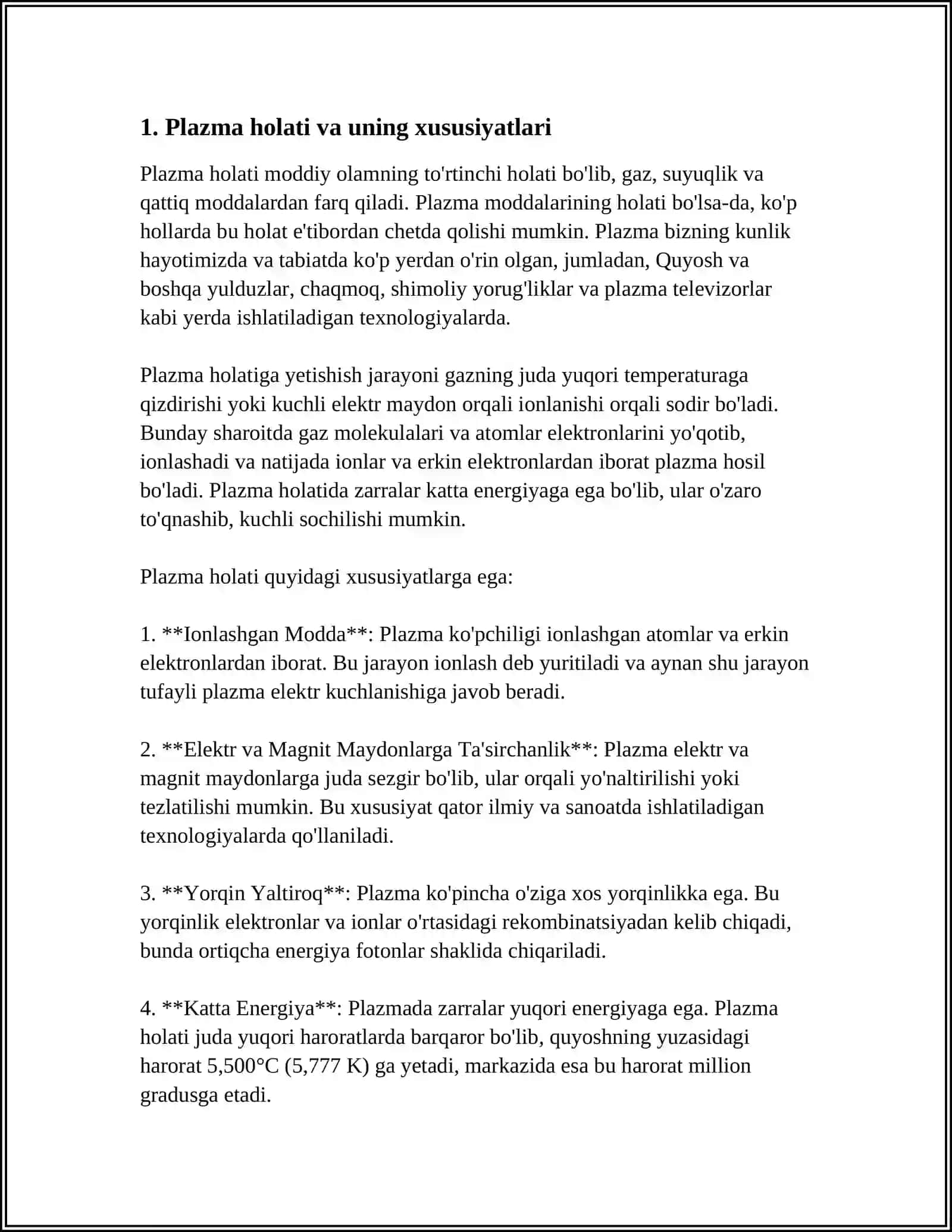 PLAZMA HAQIDA TUSHUNCHA. ELEKTROMAGNIT TO'LQINLAR VA ULARNING FARMATSIYA VA TIBBIYOTDA QO'LLANILISHI. ELEKTRONLAR, NEYTRON VA BOSHQA ZARRACHALAR DIFRAKSIYASI. RADIOAKTIV YEMIRILISH-LAR. NISHONLI ATOMLAR. BIOSFERA VA FIZIK MAYDON. ATROF MUHIT VA INSONNING FIZIK MAYDONI 3