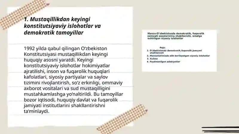 O‘ZBEKISTONDA DEMOKRATIK, FUQAROLIK JAMIYATI ASOSLARINING SHAKLLANISHI, AMALGA OSHIRILGAN SIYOSIY ISLOHOTLAR 3