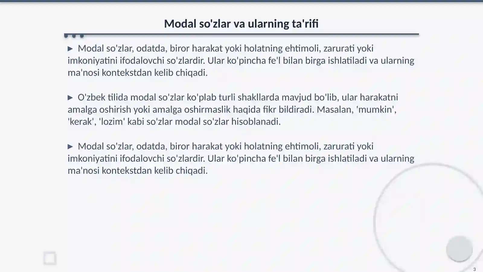 Alohida guruh so'zlar. Modal so'zlar, ularning ma'no va grammatik xususiyatlari, sintaktik vazifalari 3