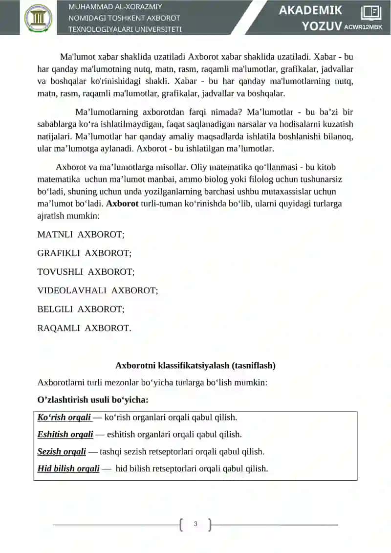 AKADEMIK YOZUV VA AXBOROT. AXBOROTNING TURLARI VA XUSUSIYATLARI 3