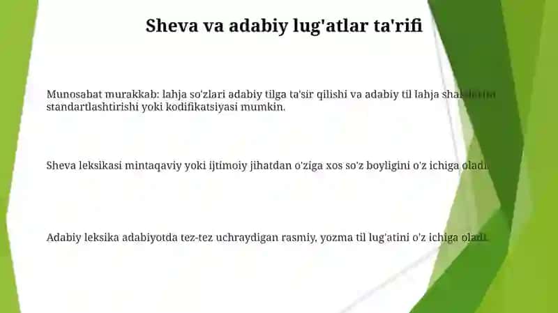 Reja: Munosabat murakkab: lahja so'zlari adabiy tilga ta'sir qilishi va adabiy til lahja shakllarini standartlashtirishi yoki kodifikatsiyasi mumkin 3
