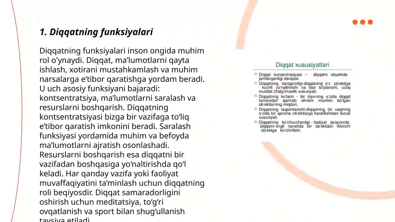 Diqqatning funksiyalari, turlari, asosiy xususiyatlari 3