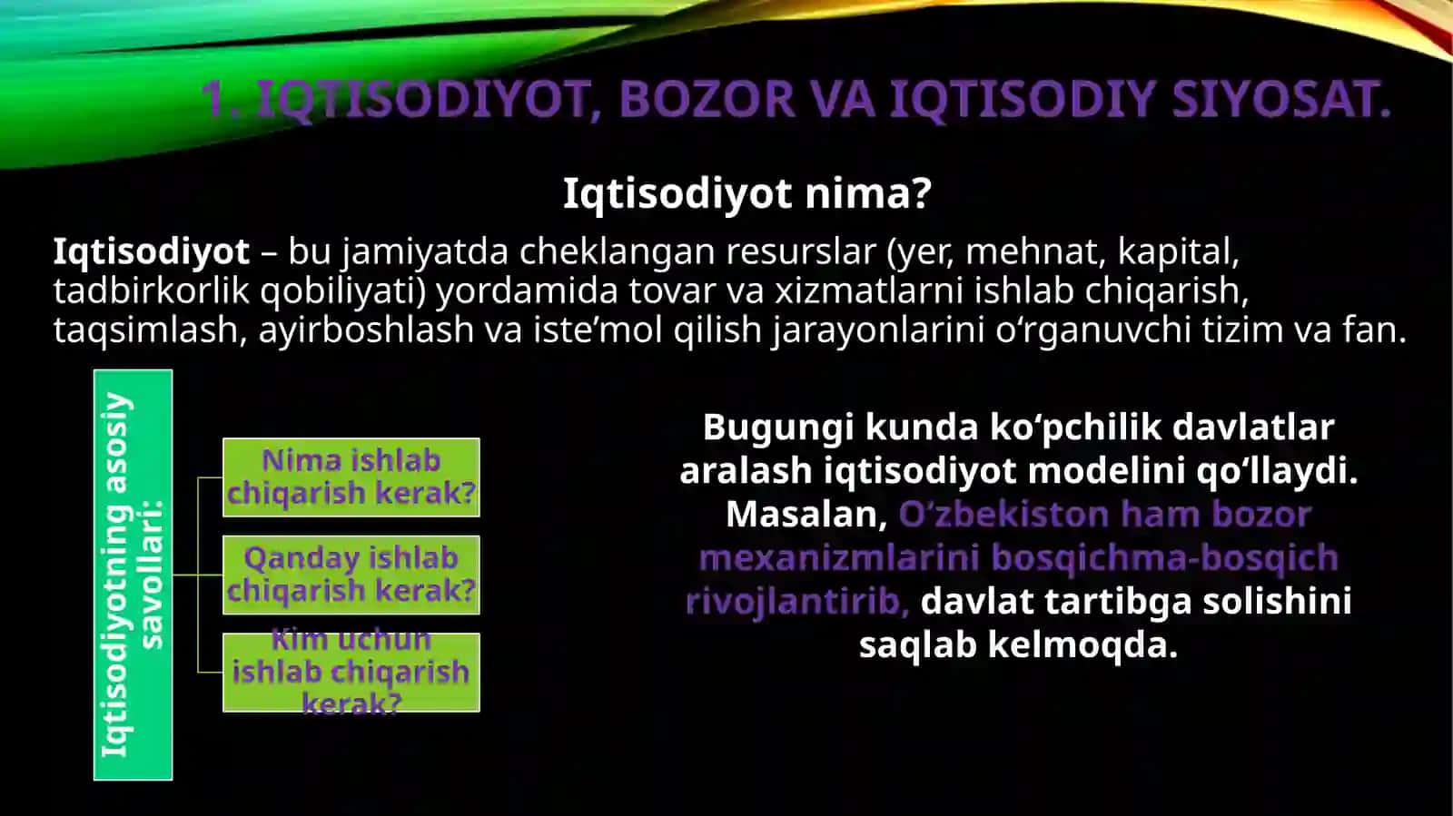 Iqtisodiyot, bozor va iqtisodiy siyosat. Iqtisodiy siyosat asoslari va tarkibi. Iqtisodiy siyosatni ishlab chiqishda vositalar va cheklovlar. Davlat mulkini xususiylayshirish va boshqarish. iqtisodiyotni tartibga solish vositasi. 3
