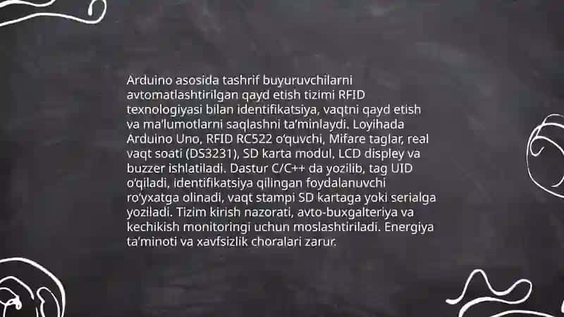 Arduino asosida tashrif buyuruvchilarni avtomatlashtirilgan qayd etish tizimlari Diplom ishi Norboboyev Bahodirjon 3