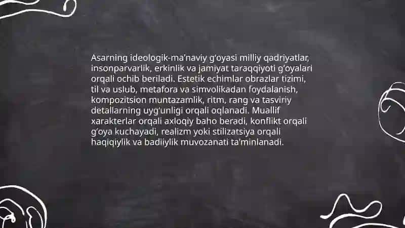 Tanlangan badiiy asarlarni estetika gʻoyaviy jihatdan tahlil qilish 3