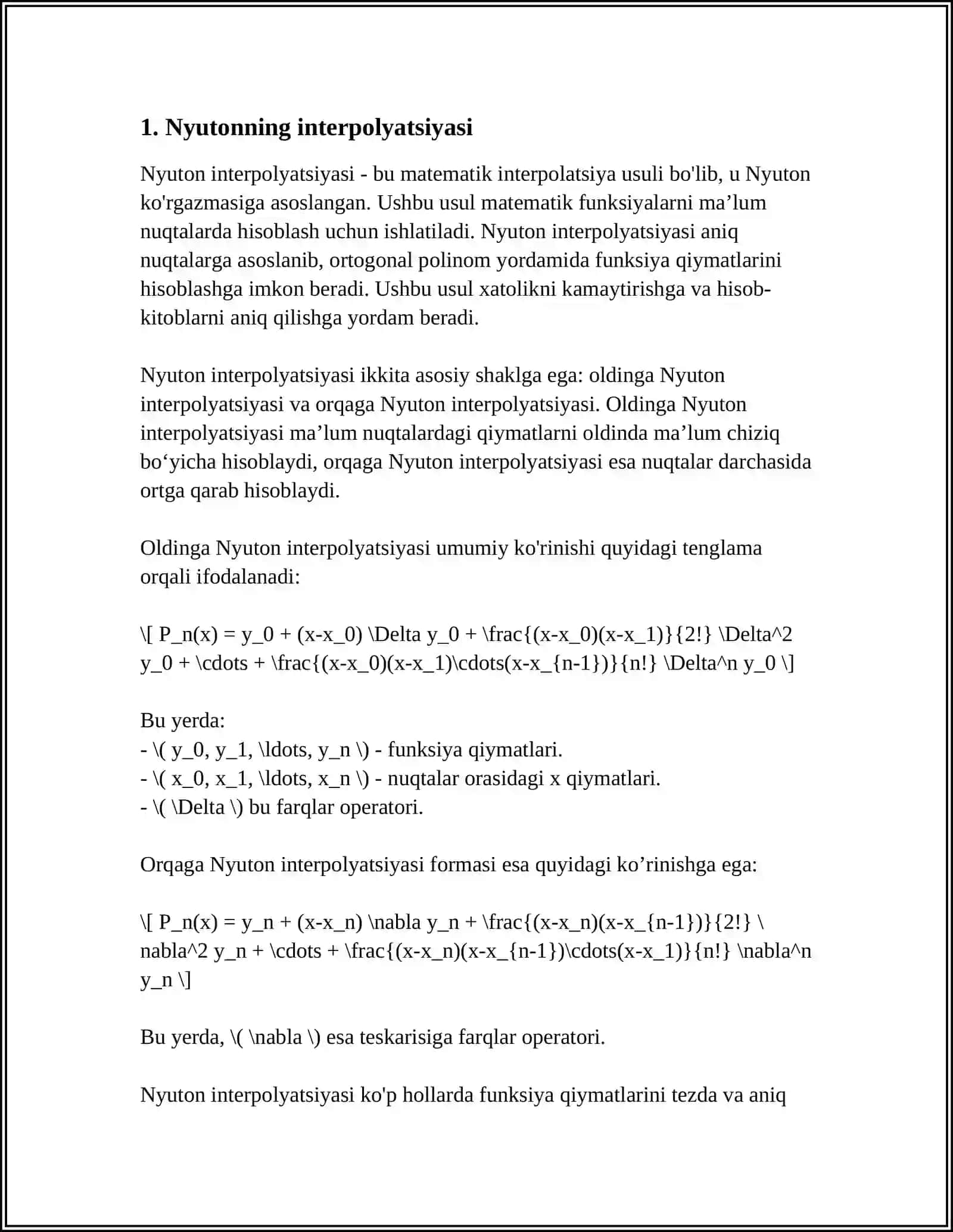 NYUTONNING BIRINCHI INTERPOLOTSION KOʻPHADI ORQALI SONLI DEFRENSIALASH 3