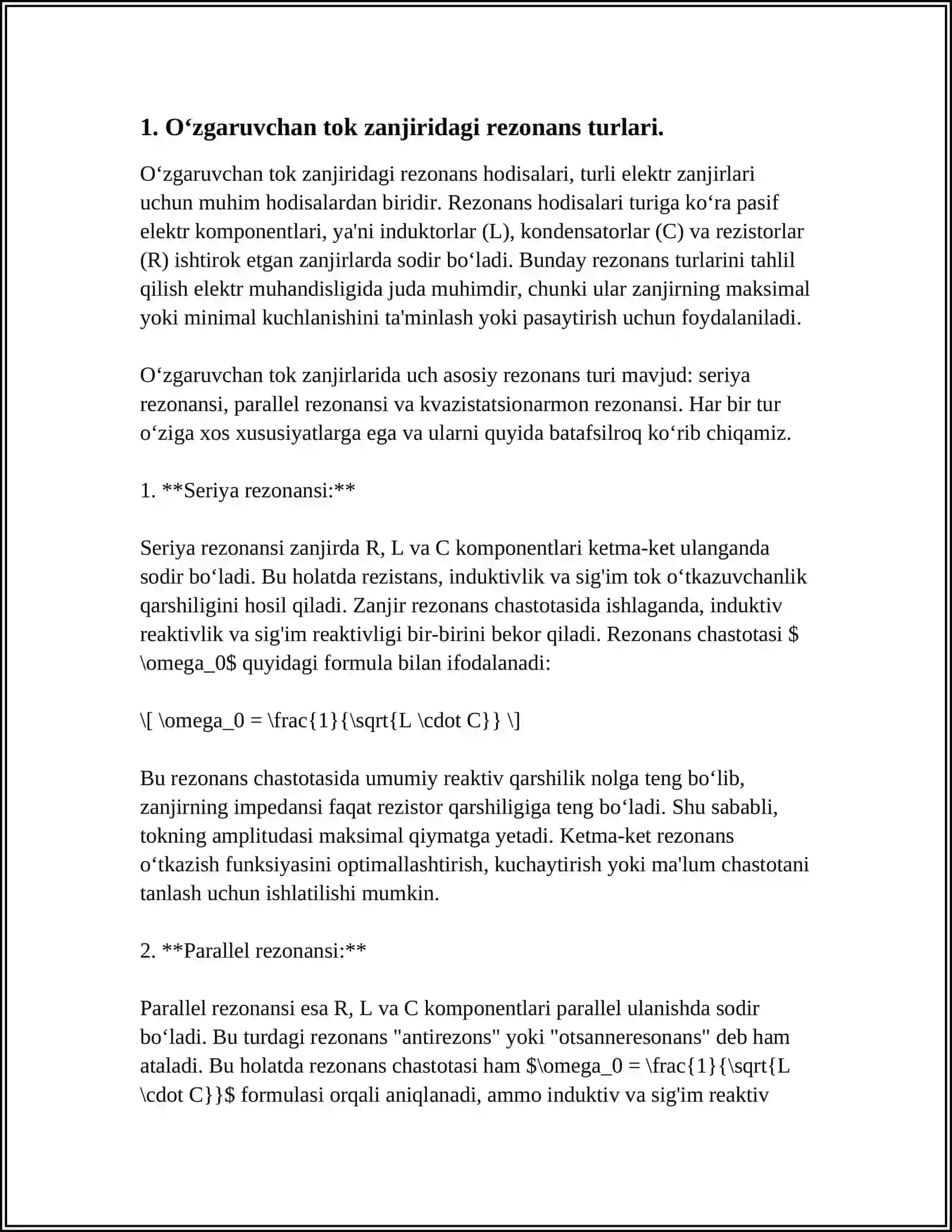 Oʻzgaruvchan tok zanjiridagi rezonans turlari 3