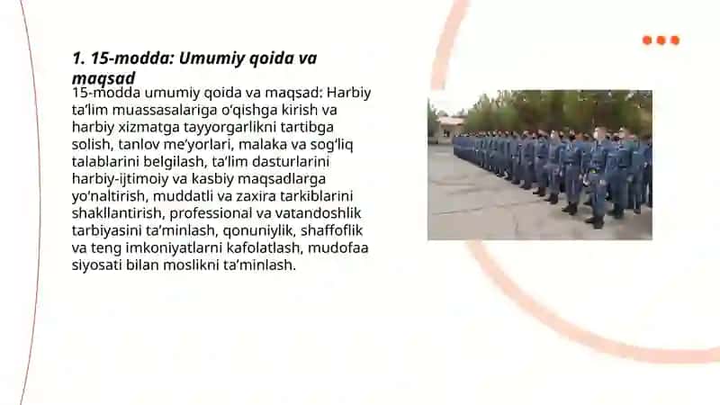 15-modda Harbiy taʼlim muassasalariga oʻqishga kirishga va harbiy xizmatga tayyorgarlik 3
