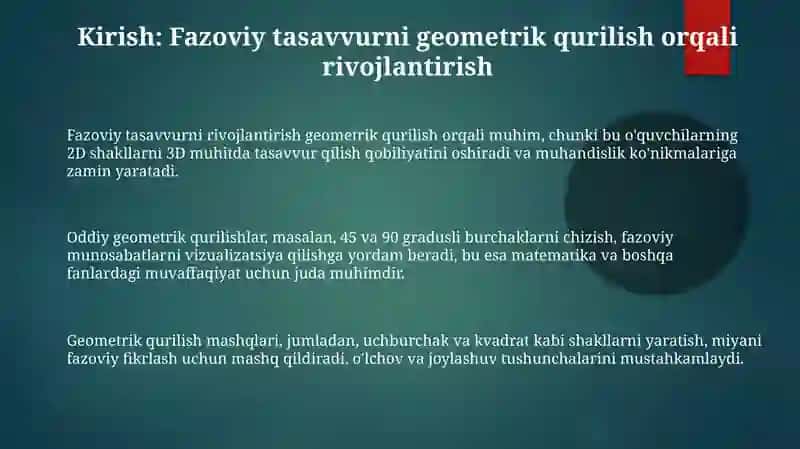 Soddageometrikyasashishlaribilantanishtirish,fazoviytasavvurlarnirivojlantirish 3